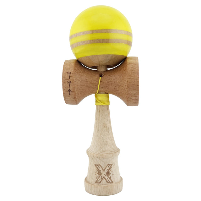 Kendama X Rainbow Originala, Profesionala, Vivimall, Big Cups V2, Super Sticky cu Cupe Mari, Rulment Metalic, din lemn 18 cm, Ata 55 cm, Galben/Maro - vivimall.ro