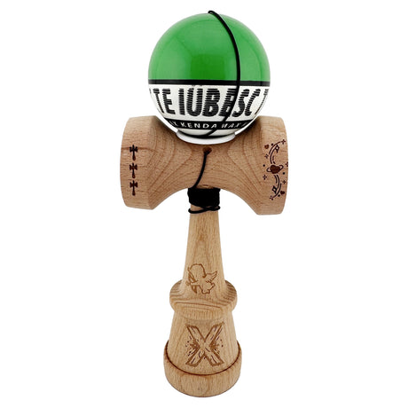 Kendama X TE IUBESC Originala, Profesionala, Vivimall, Super Sticky cu Cupe Mari KING SIZE V3, Gaura in Baza, Rulment Metalic, din lemn 18 cm, Ata 62/65 cm, Verde/Alb - vivimall.ro