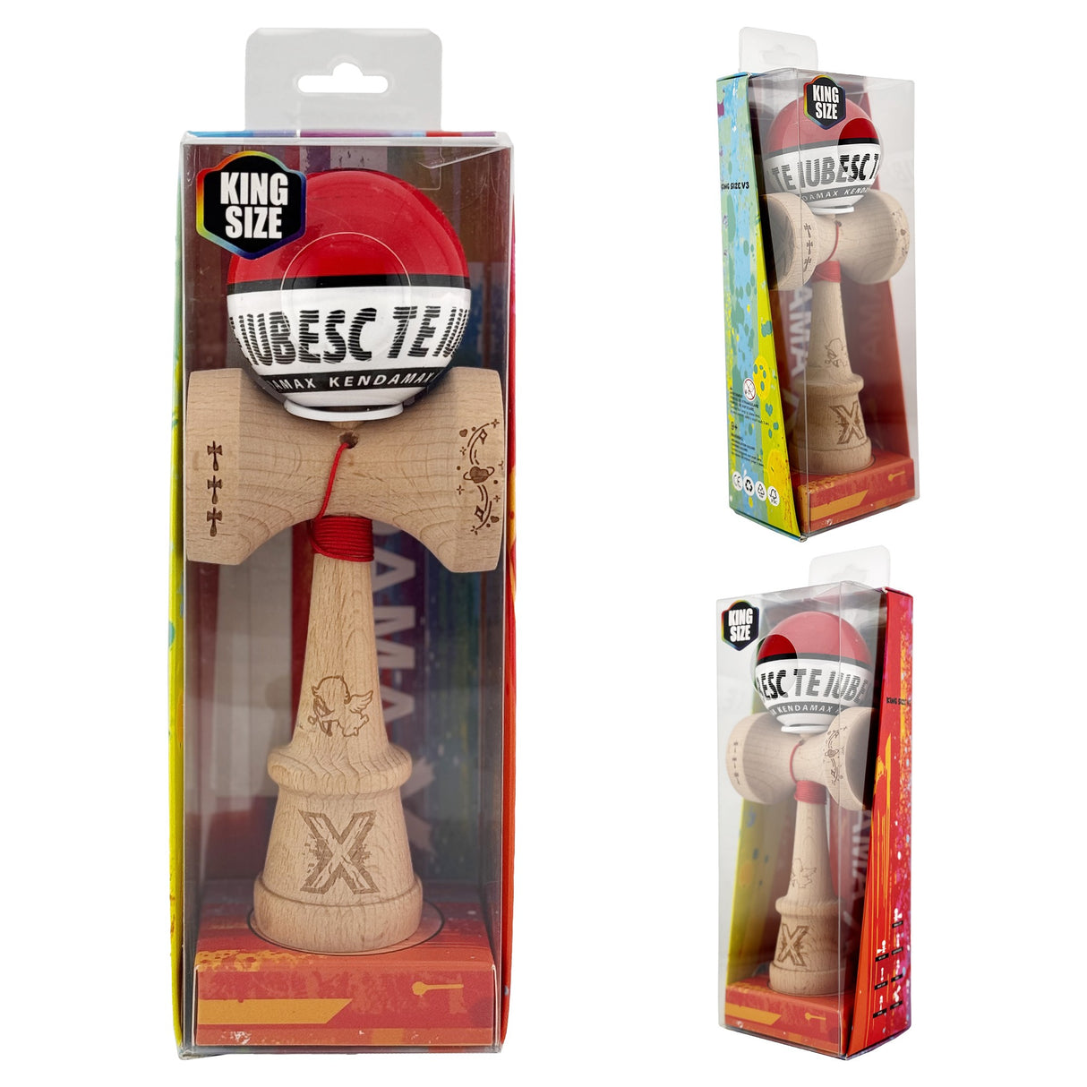 Kendama X TE IUBESC Originala, Profesionala, Vivimall, Super Sticky cu Cupe Mari KING SIZE V3, Gaura in Baza, Rulment Metalic, din lemn 18 cm, Ata 62/65 cm, Rosu/Alb - vivimall.ro