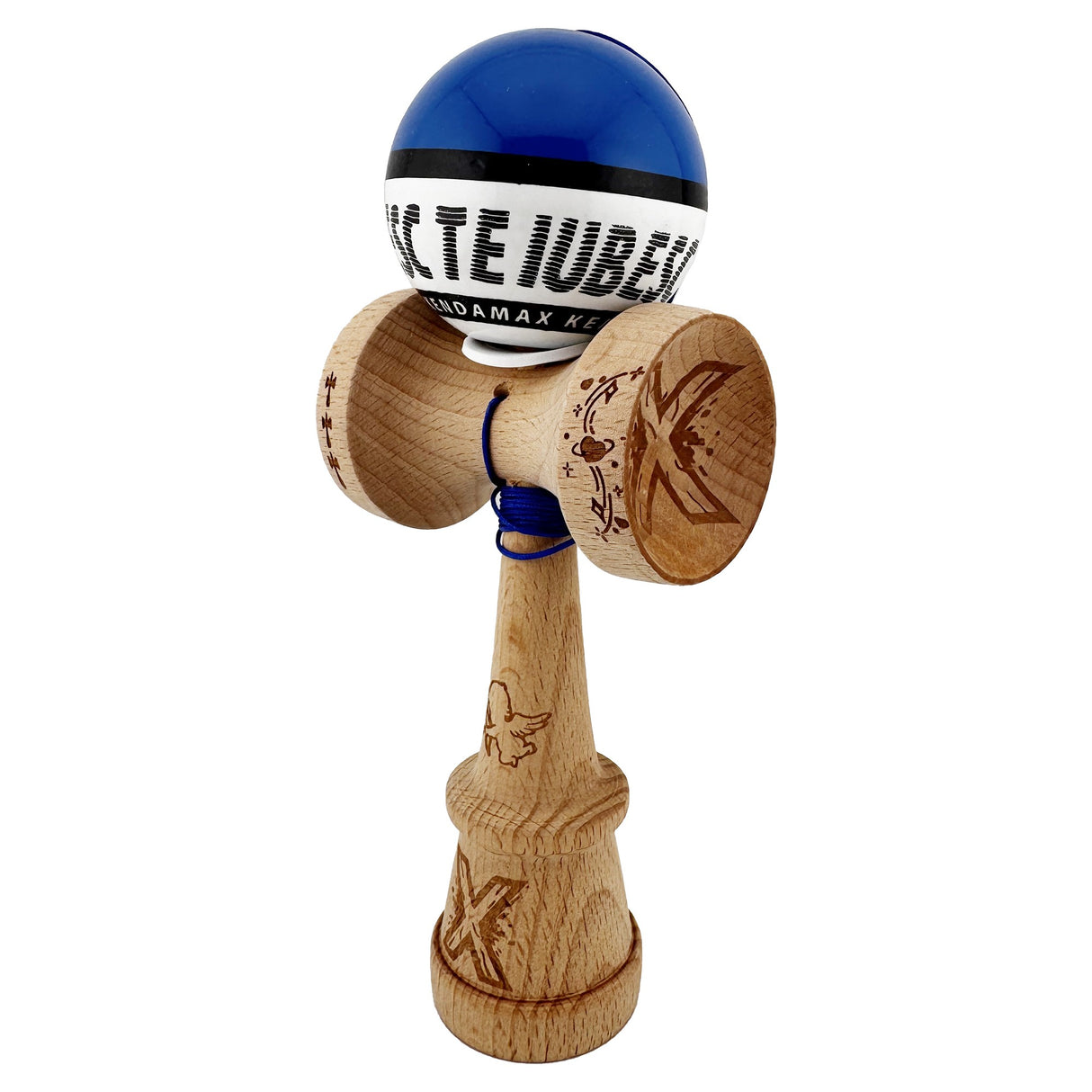 Kendama X TE IUBESC Originala, Profesionala, Flippy, Super Sticky cu Cupe Mari KING SIZE V3, Gaura in Baza, Rulment Metalic, din lemn 18 cm, Ata 62/65 cm, Albastru/Alb - vivimall.ro