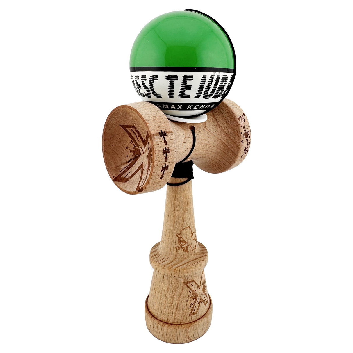 Kendama X TE IUBESC Originala, Profesionala, Vivimall, Super Sticky cu Cupe Mari KING SIZE V3, Gaura in Baza, Rulment Metalic, din lemn 18 cm, Ata 62/65 cm, Verde/Alb - vivimall.ro