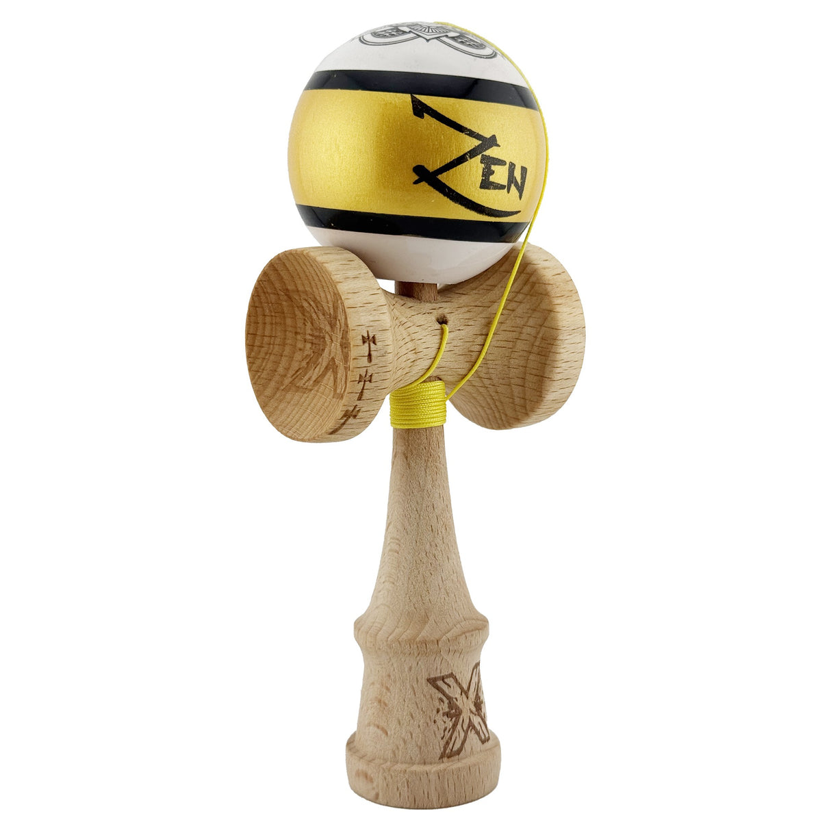 Kendama X ZEN Originala, Profesionala, Flippy, Big Cups V2, Super Sticky Legendary Cupe Mari, Rulment Metalic cu Ata 55 cm, Auriu/Alb - vivimall.ro