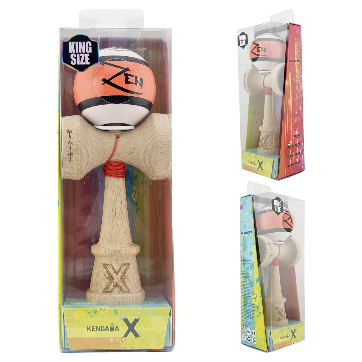 Kendama X Zen Series Originala, Profesionala, Vivimall, Super Sticky cu Cupe Mari V3, King Size Cups, Rulment Metalic si Gaura in Baza, din Lemn 18 cm, Ata 55 cm, Coral