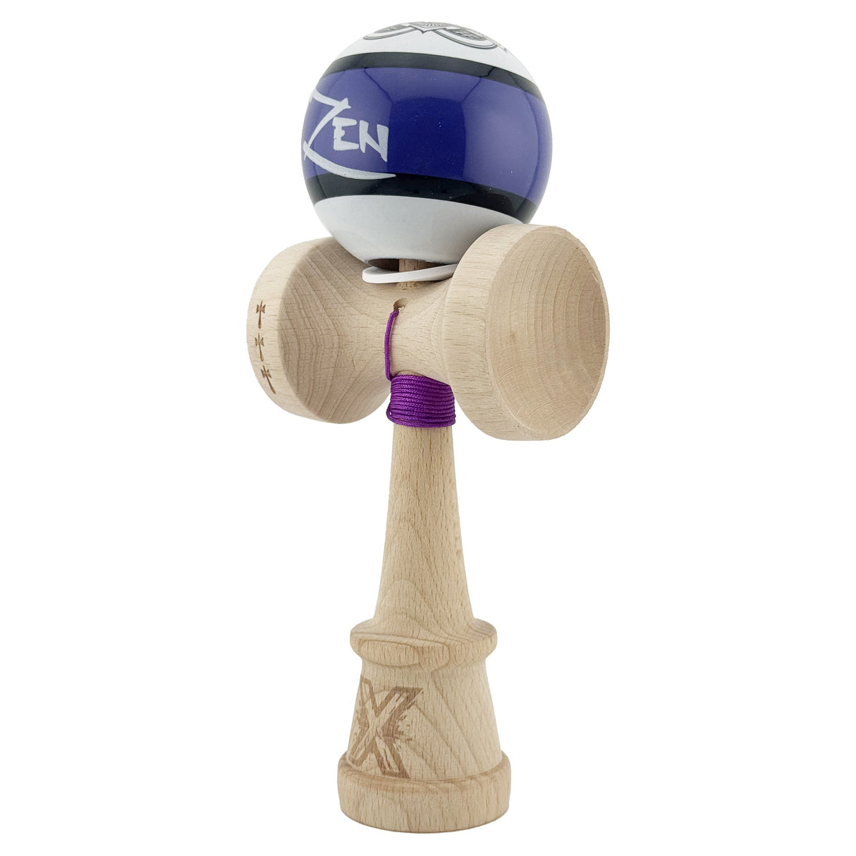 Kendama X Zen Series Originala, Profesionala, Vivimall, Super Sticky cu Cupe Mari V3, King Size Cups, Rulment Metalic si Gaura in Baza, din Lemn 18 cm, Ata 55 cm, Violet