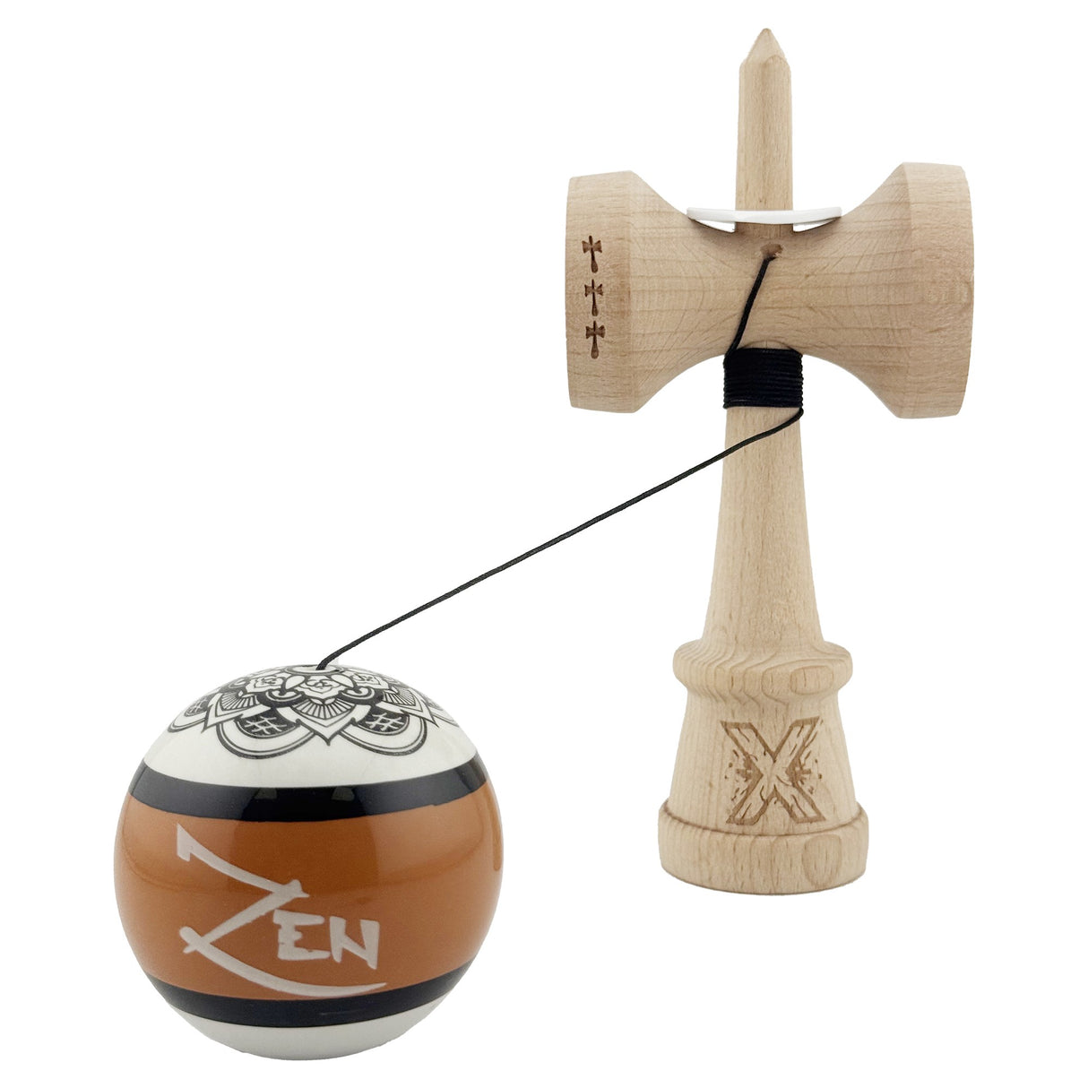 Kendama X Zen Series Originala, Profesionala, Vivimall, Super Sticky cu Cupe Mari V3, King Size Cups, Rulment Metalic si Gaura in Baza, din Lemn 18 cm, Ata 55 cm, Maro