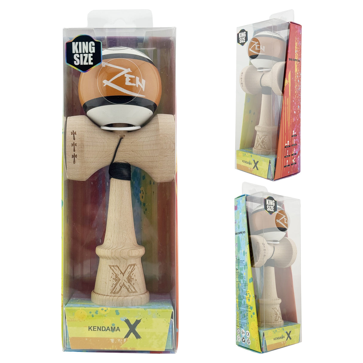 Kendama X Zen Series Originala, Profesionala, Vivimall, Super Sticky cu Cupe Mari V3, King Size Cups, Rulment Metalic si Gaura in Baza, din Lemn 18 cm, Ata 55 cm, Maro