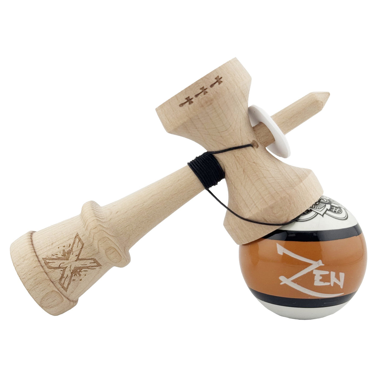 Kendama X Zen Series Originala, Profesionala, Vivimall, Super Sticky cu Cupe Mari V3, King Size Cups, Rulment Metalic si Gaura in Baza, din Lemn 18 cm, Ata 55 cm, Maro
