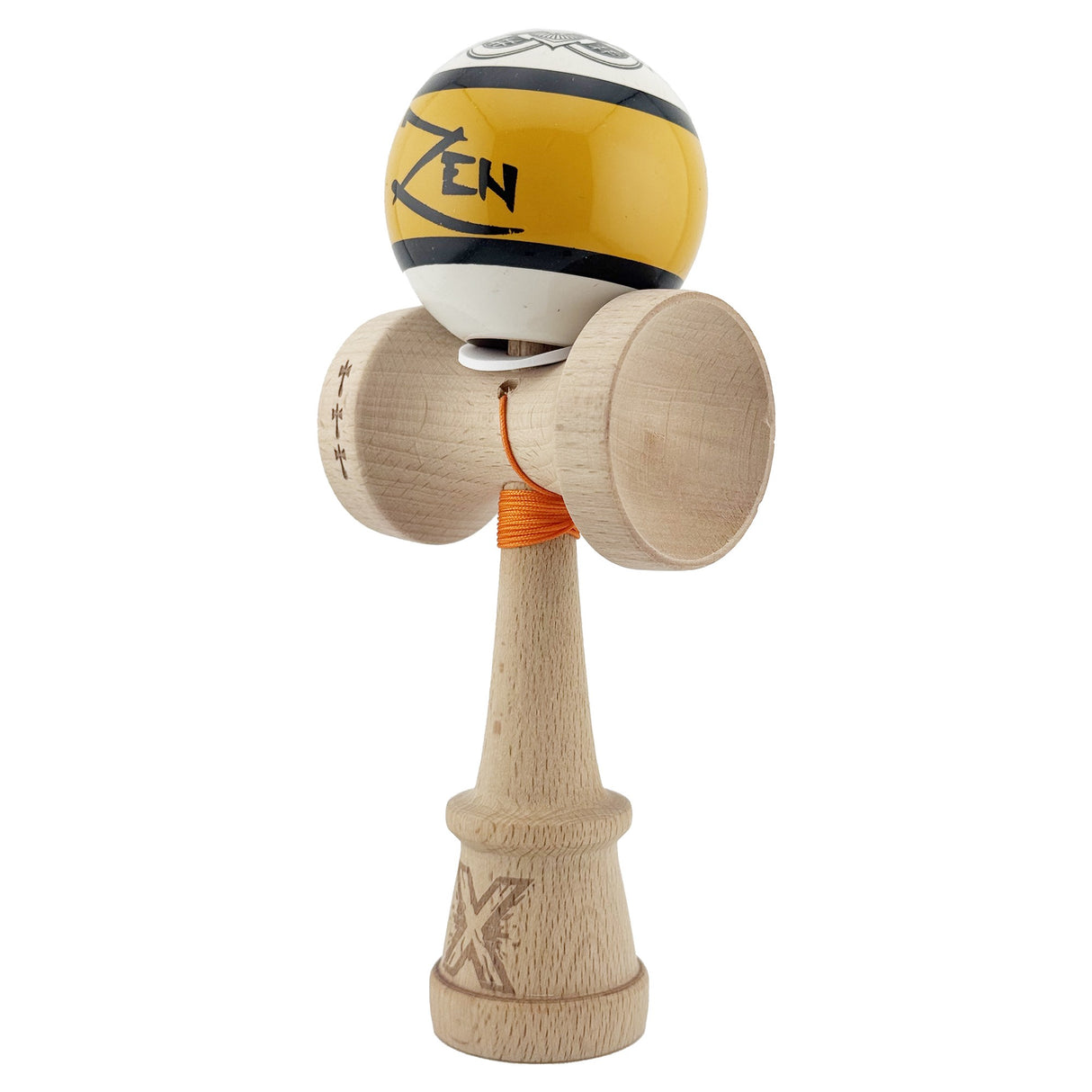 Kendama X Zen Series Originala, Profesionala, Vivimall, Super Sticky cu Cupe Mari V3, King Size Cups, Rulment Metalic si Gaura in Baza, din Lemn 18 cm, Ata 55 cm, Auriu
