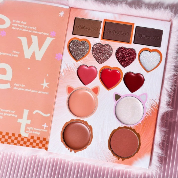 Set de Machiaj Kevin&Coco, 38 culori, Fard Ochi, Iluminatoare si Contouring, Husa Pufoasa, Model Pisicuta, 17.3x12.5x5 cm, Multicolor - vivimall.ro