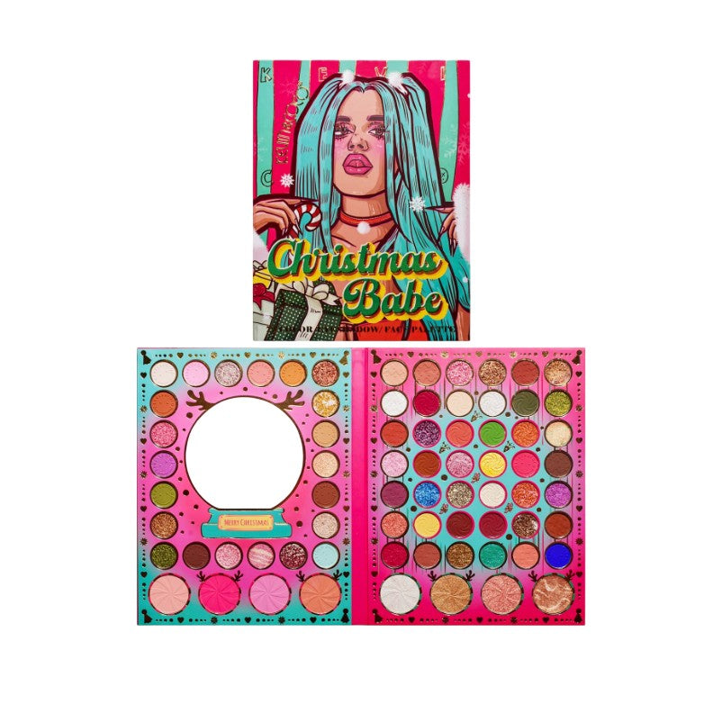 Set De Machiaj Kevin&Coco, 72 De Culori, Paleta De Farduri, Iluminatoare, Blush, Model Christmas Babe, Oglinda Rotunda, 25.5X20X1.7 Cm, Multicolor - vivimall.ro