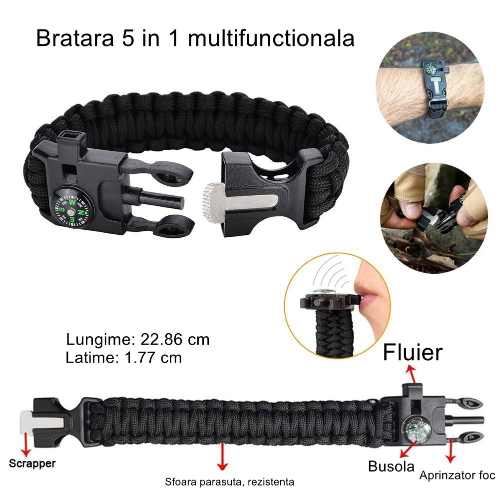 Kit Supravietuire Multifunctional Instrumente Profesionale, Agatatoare Ghiozdan, Pentru Camping, Drumetii, Aventuri In Aer Liber, Negru