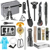 Kit supravietuire multifunctional Flippy, Instrumente profesionale, Agatatoare ghiozdan, pentru Camping, Drumetii, Aventuri in aer liber, borseta inclusa, gri - vivimall.ro