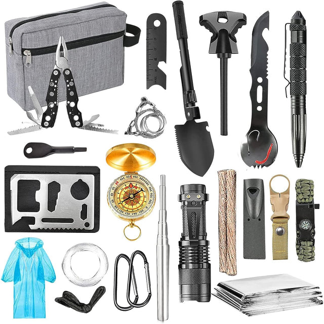 Kit supravietuire multifunctional Flippy, Instrumente profesionale, Agatatoare ghiozdan, pentru Camping, Drumetii, Aventuri in aer liber, borseta inclusa, gri - vivimall.ro
