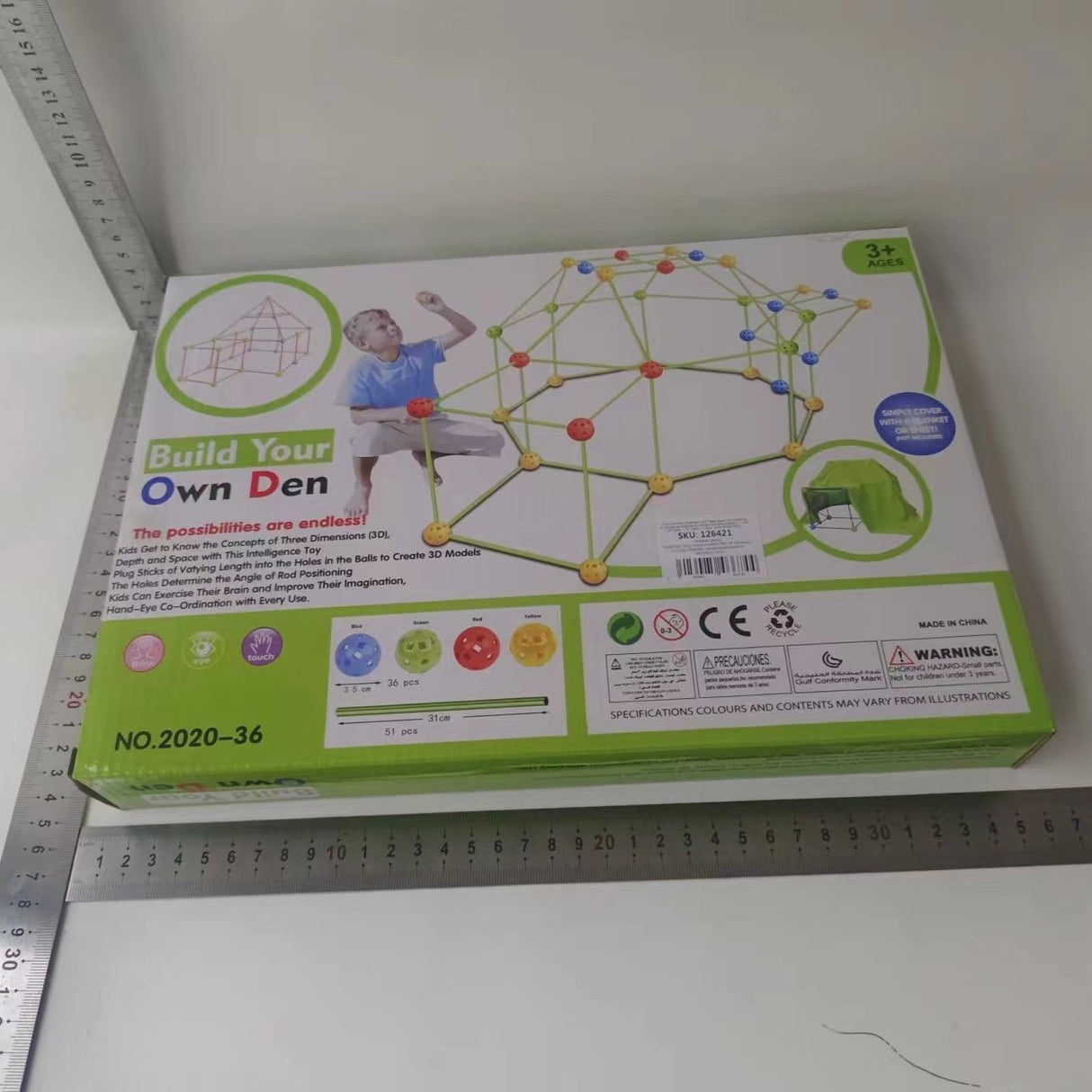 Kit De Constructie Fort 3D Pentru Copii, 560 G, 36 Sfere, 51 Tije, Panza Verde Impermeabil, 3 Ani, Educativ, Multicolor