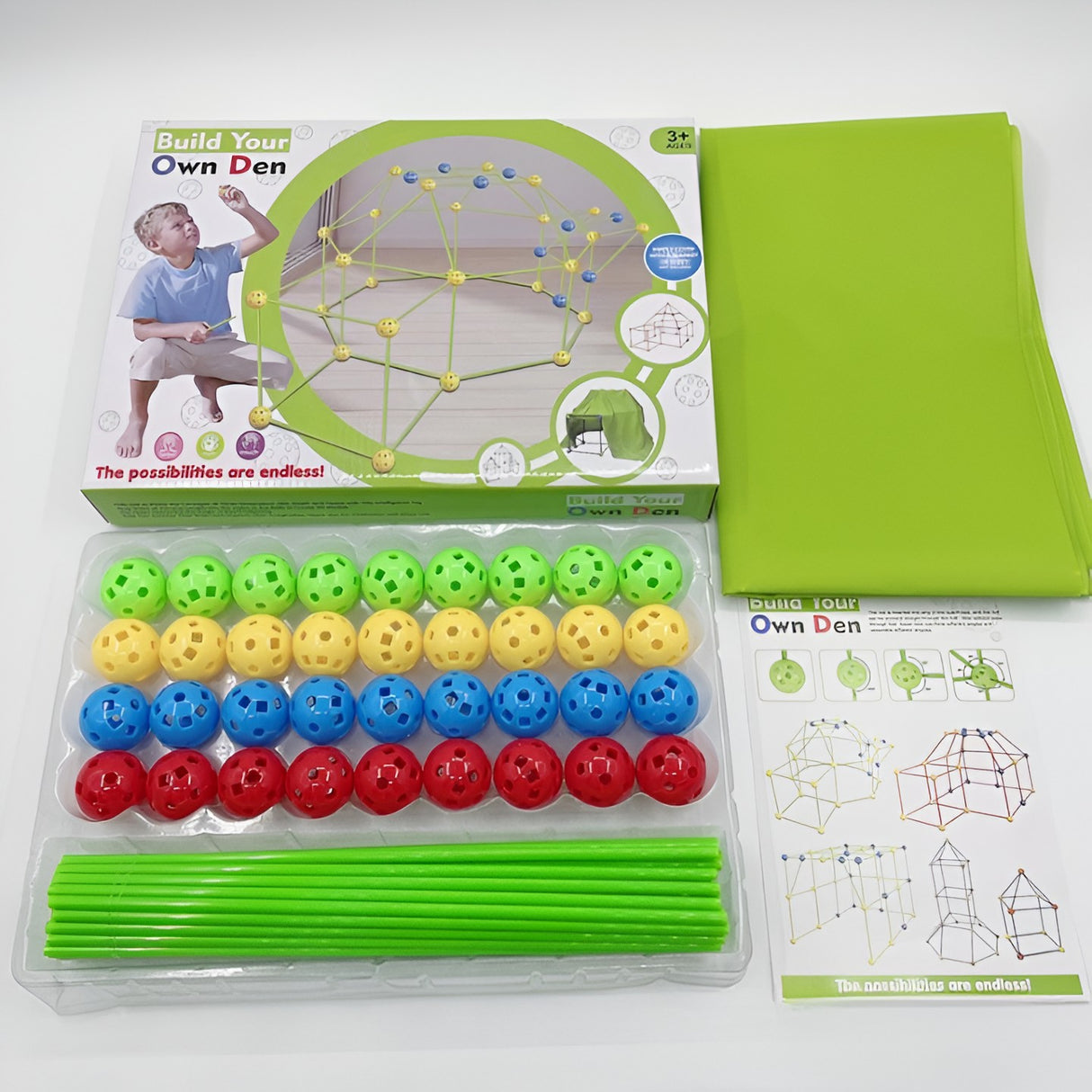 Kit De Constructie Fort 3D Pentru Copii, 560 G, 36 Sfere, 51 Tije, Panza Verde Impermeabil, 3 Ani, Educativ, Multicolor
