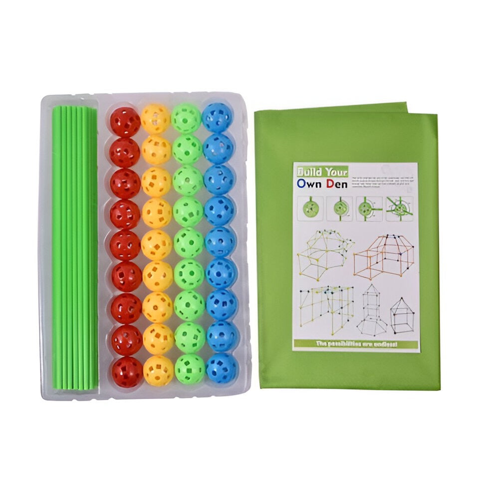 Kit De Constructie Fort 3D Pentru Copii, 560 G, 36 Sfere, 51 Tije, Panza Verde Impermeabil, 3 Ani, Educativ, Multicolor