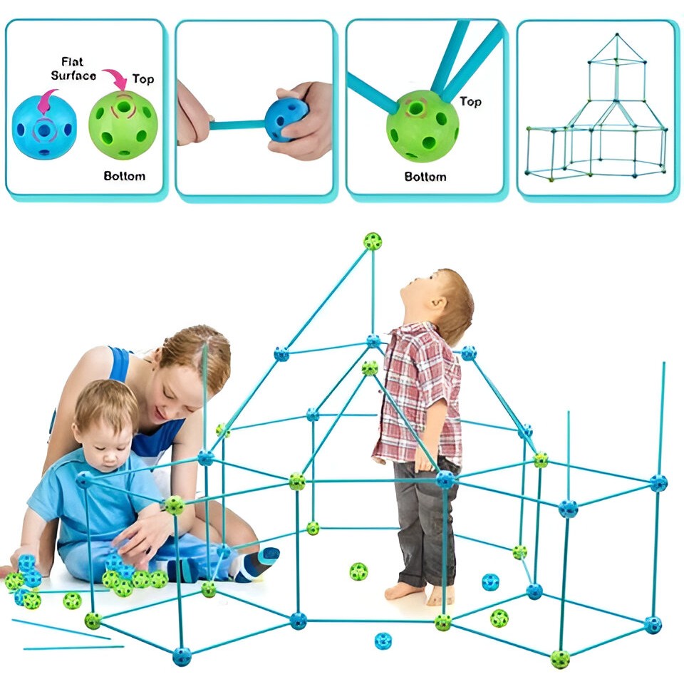 Kit De Constructie Fort 3D Pentru Copii, 560 G, 36 Sfere, 51 Tije, Panza Verde Impermeabil, 3 Ani, Educativ, Multicolor