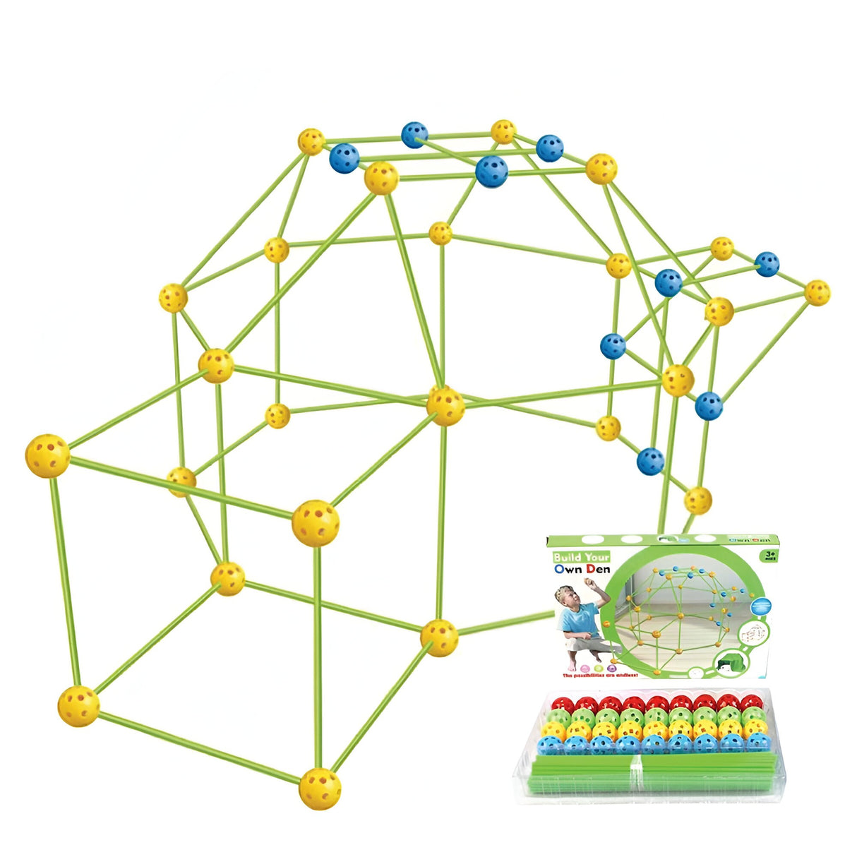 Kit De Constructie Fort 3D Pentru Copii, 560 G, 36 Sfere, 51 Tije, Panza Verde Impermeabil, 3 Ani, Educativ, Multicolor