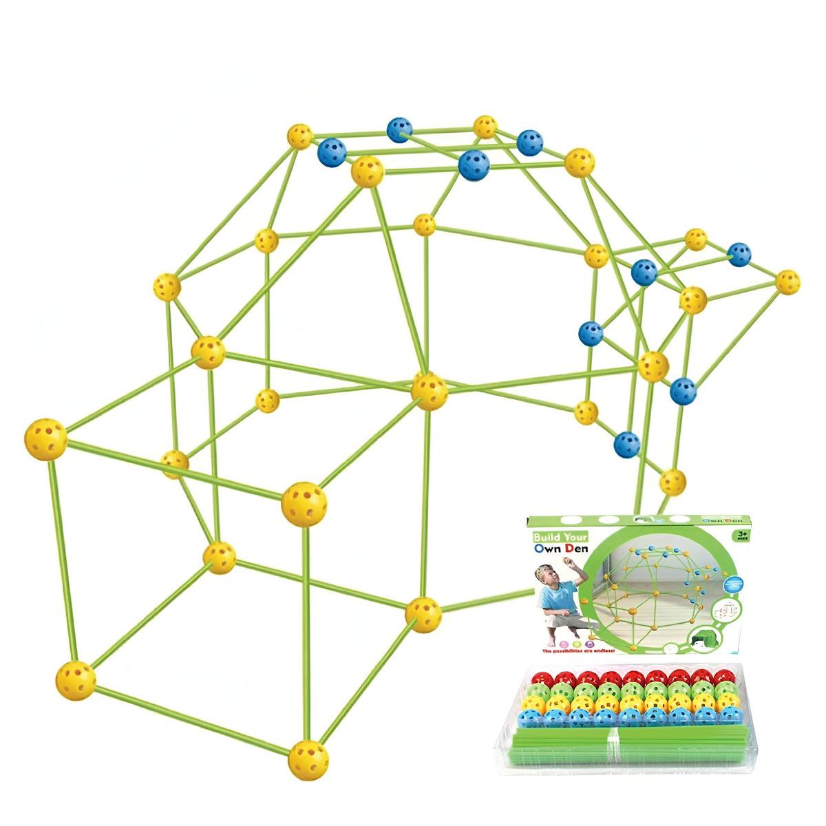 Kit de Constructie Fort 3D pentru Copii, Vivimall, 560 g, 36 Sfere, 51 Tije, Panza Verde Impermeabil, 3 ani, Educativ, Multicolor