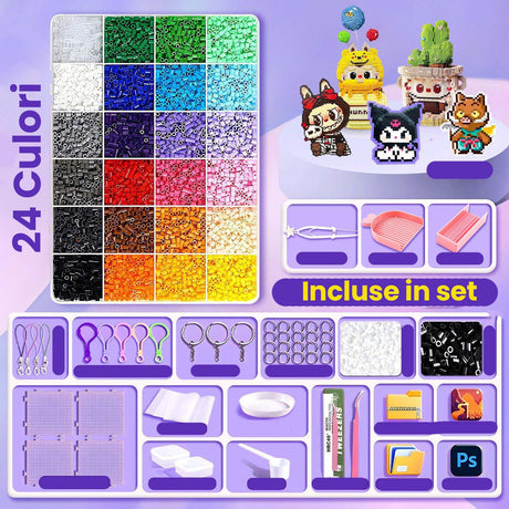 Set margele perle multicolor cu instrumente incluse: pensetă, tăvițe sortare și plăci asamblare, detaliu conținut pachet