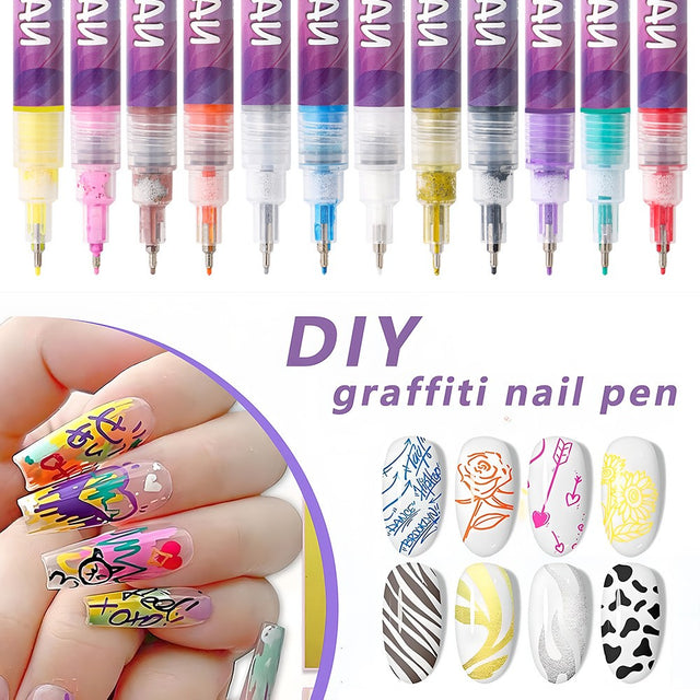 Set 12 markere acrilice Flippy nail art, vârf ultra fin 0.5 mm, vedere de ansamblu, multicolor