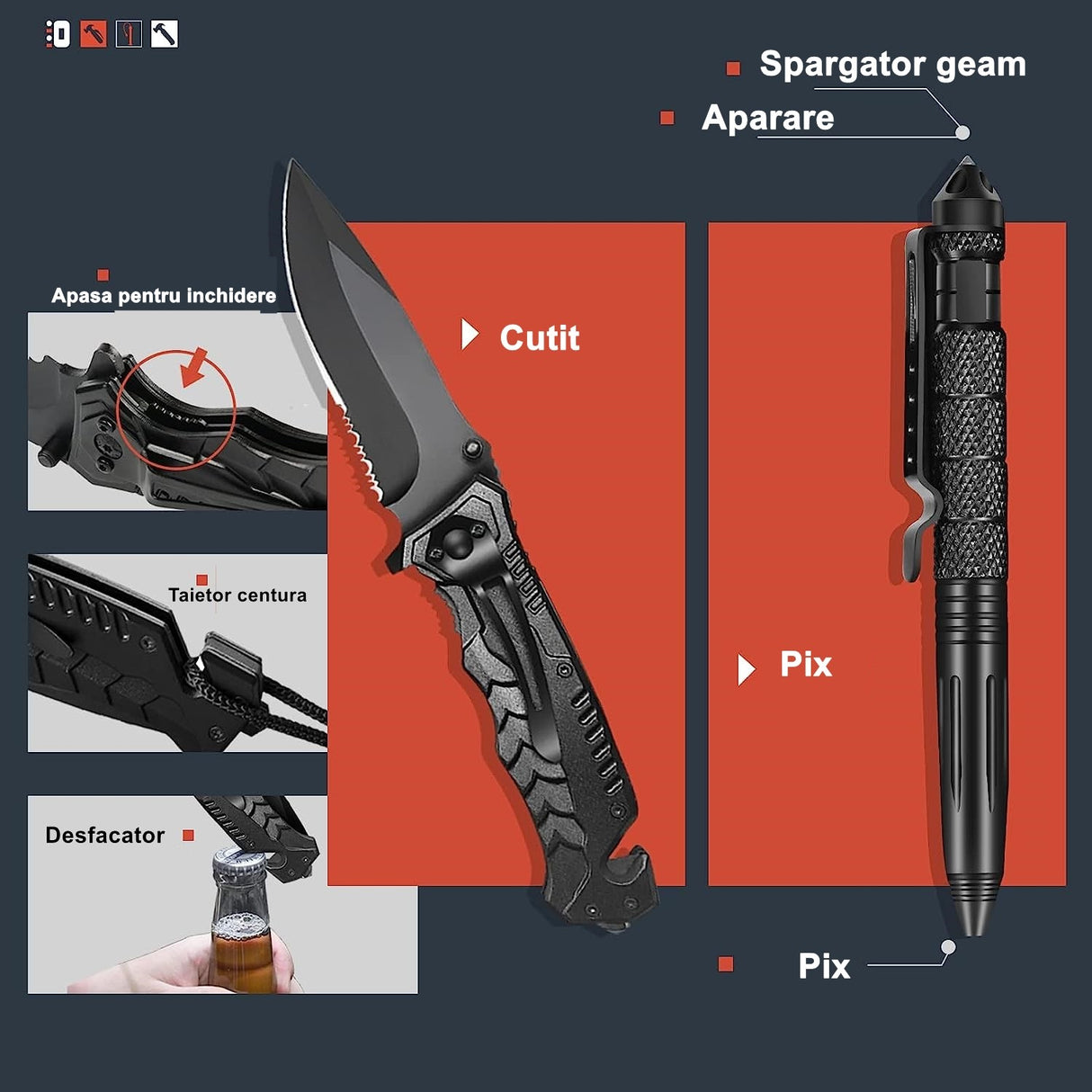 Kit Supravietuire 19 In 1 Cutit/Busola/Lanterna/Fluier/Chingi/Paracord, Pentru Caping, Drumetii, Aventuri, Insturmente Profesionale, Negru - vivimall.ro