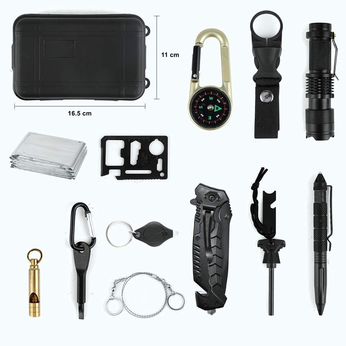 Kit supravietuire 19 in 1 Vivimall, Cutit/Busola/Lanterna/Fluier/Chingi/Paracord, pentru Caping, Drumetii, Aventuri, Insturmente profesionale, Negru - vivimall.ro