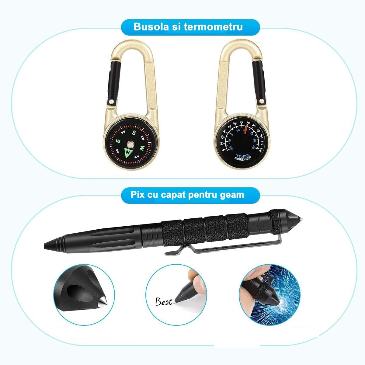 Kit Supravietuire 19 In 1 Cutit/Busola/Lanterna/Fluier/Chingi/Paracord, Pentru Caping, Drumetii, Aventuri, Insturmente Profesionale, Negru - vivimall.ro