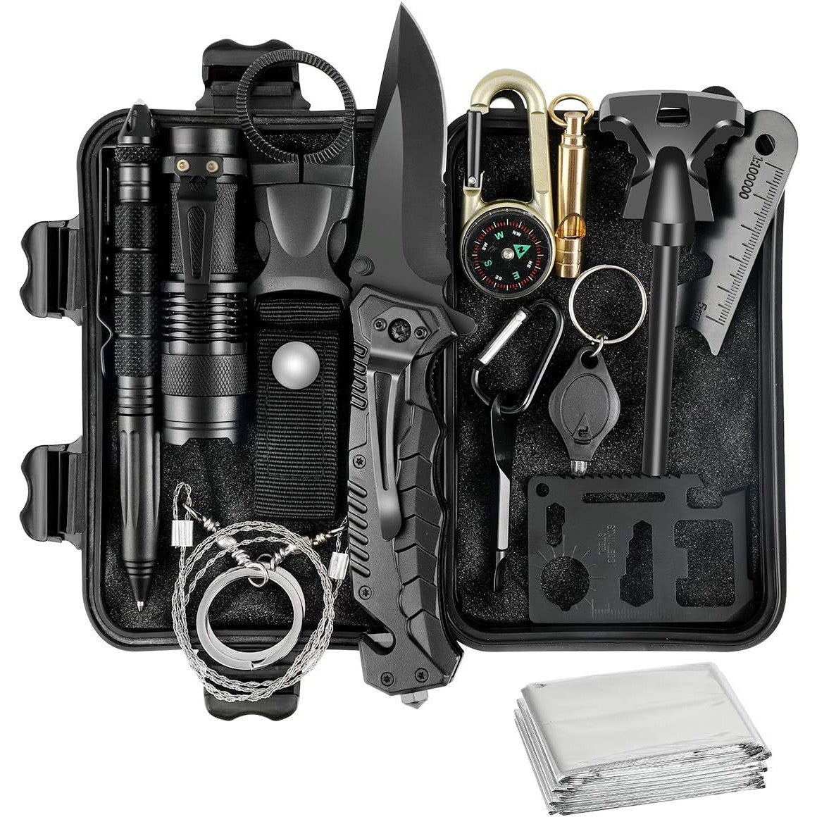 Kit Supravietuire 19 In 1 Cutit/Busola/Lanterna/Fluier/Chingi/Paracord, Pentru Caping, Drumetii, Aventuri, Insturmente Profesionale, Negru - vivimall.ro