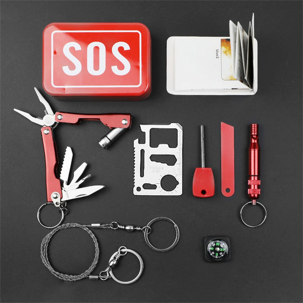 Kit supravietuire multifunctional Vivimall, Instrumente profesionale, tip cutie, pentru Camping, Drumetii, Aventuri in aer liber, borseta inclusa, rosu - vivimall.ro