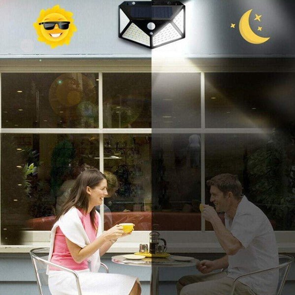 Lampa cu incarcare solara pentru exterior, 100 LED cu distanta de inductie, montaj pe perete, fara cabluri, cu 4 fete, Vivimall