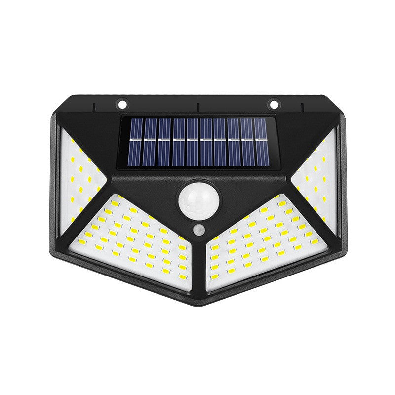 Lampa cu incarcare solara pentru exterior, 100 LED cu distanta de inductie, montaj pe perete, fara cabluri, cu 4 fete, Vivimall