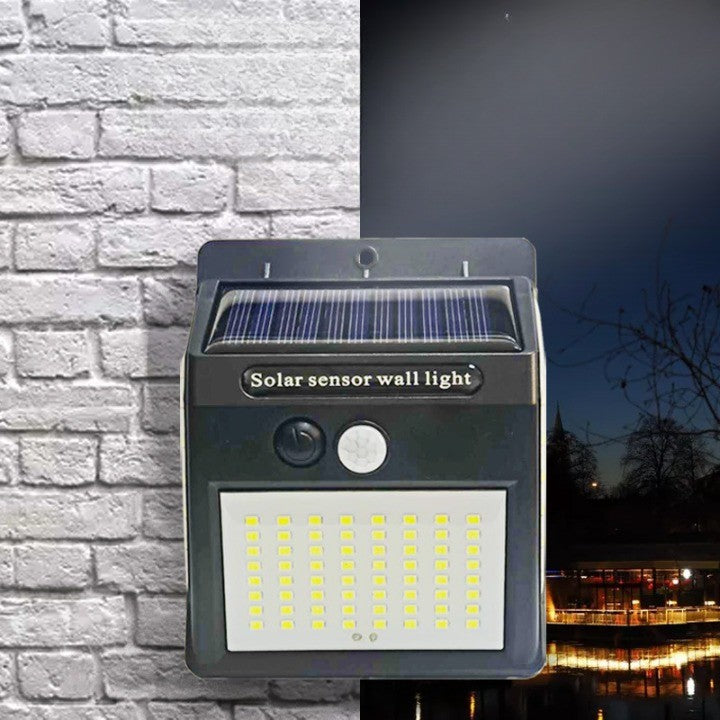 Lampa cu incarcare solara si senzor de miscare pentru exterior, 64 LED cu distanta de inductie, montaj pe perete, fara cabluri, Flippy