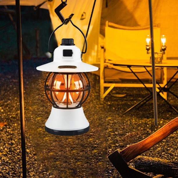 Lampa De Camping Retro Portabila, Felinar Vintage Led Abs, Acumulator Inclus 1200 Mah, Reincarcabila, 20 Cm Inaltime, 3 Moduri De Iluminare, Intensitate Reglabila,Lampa Portabila Pentru Cort In Aer Liber - vivimall.ro