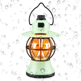 Felinar vintage LED camping verde mint, detaliu mâner sârmă oțel și buton reglaj intensitate