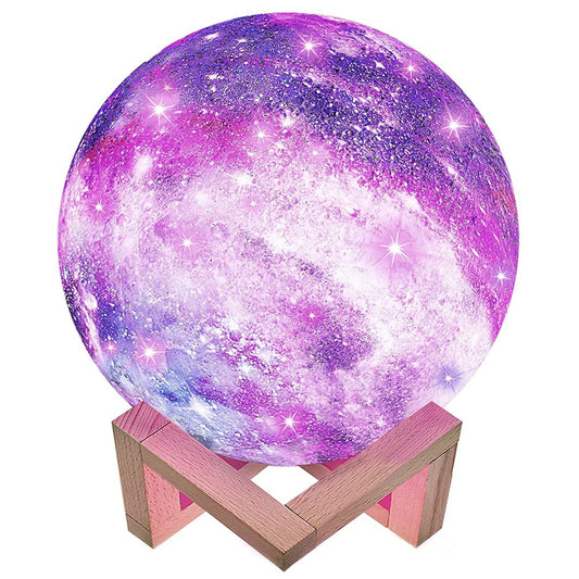 Lampa de veghe in forma de luna cu stele 3D Moon Light 7 culori, alimentare baterii, stand din lemn inclus, 15 cm, Flippy