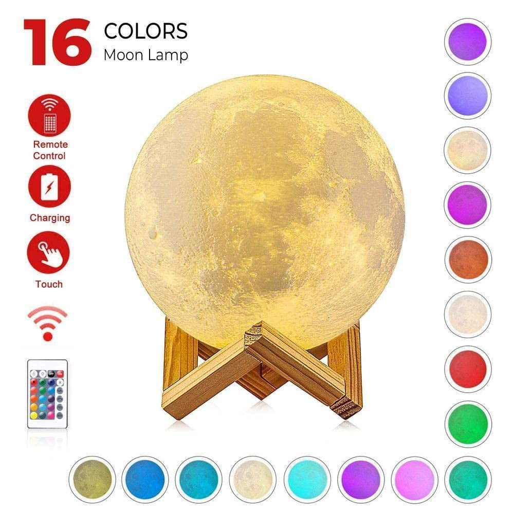 Lampa De Veghe In Forma De Luna Cu Stele 3D Moon Light, Acumulator Integrat, Alimentare Usb, Stand Din Plastic Inclus, 13 Cm, 16 Culori, Telecomanda Inclusa