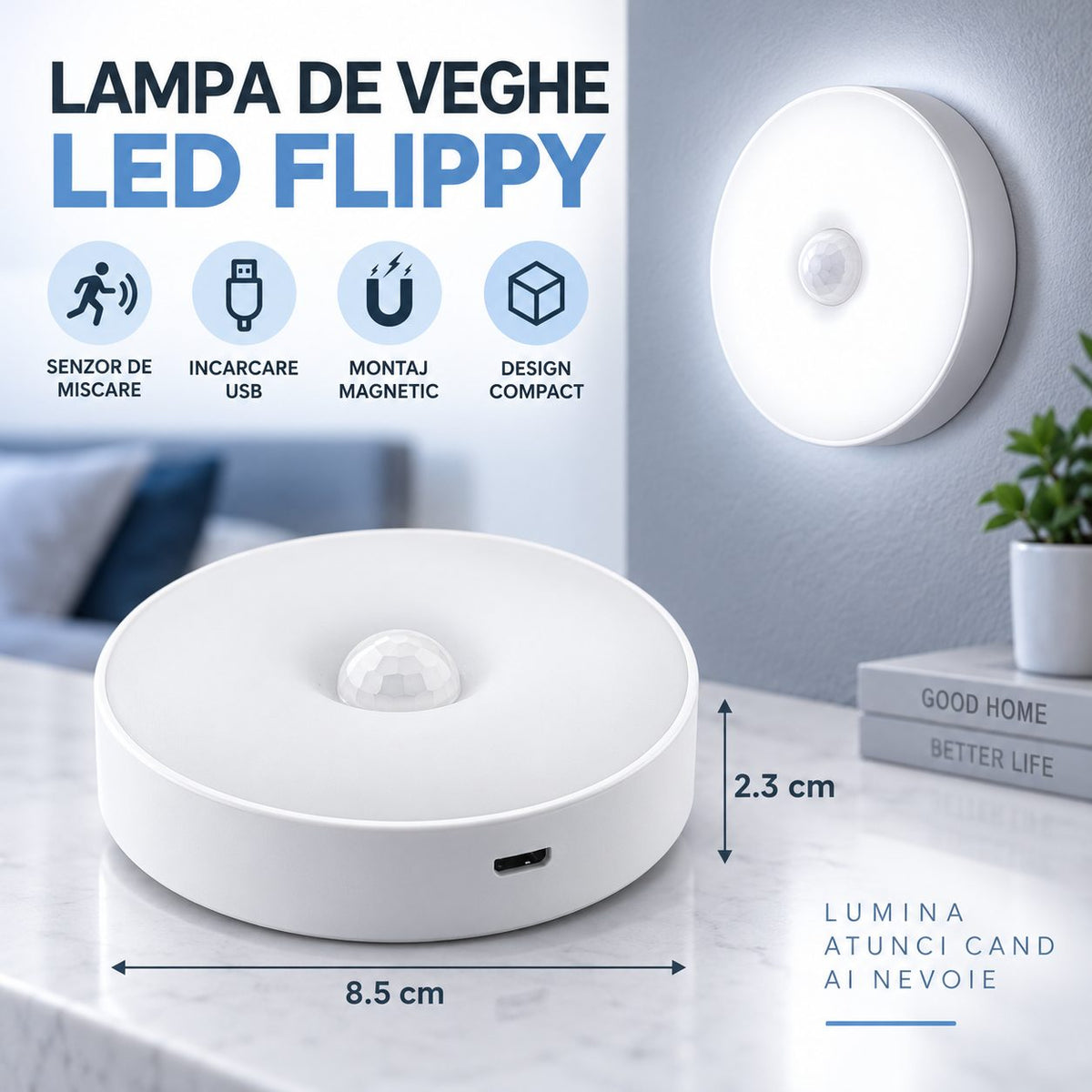 Lampa de Veghe LED, Flippy, cu Senzor de Miscare, 2 Moduri de Iluminare, Lumina Alba Rece, Acumulator 300 mAh, Incarcare USB, 0.6 W, Design Rotund, 8.5 x 2.3 cm, Alb