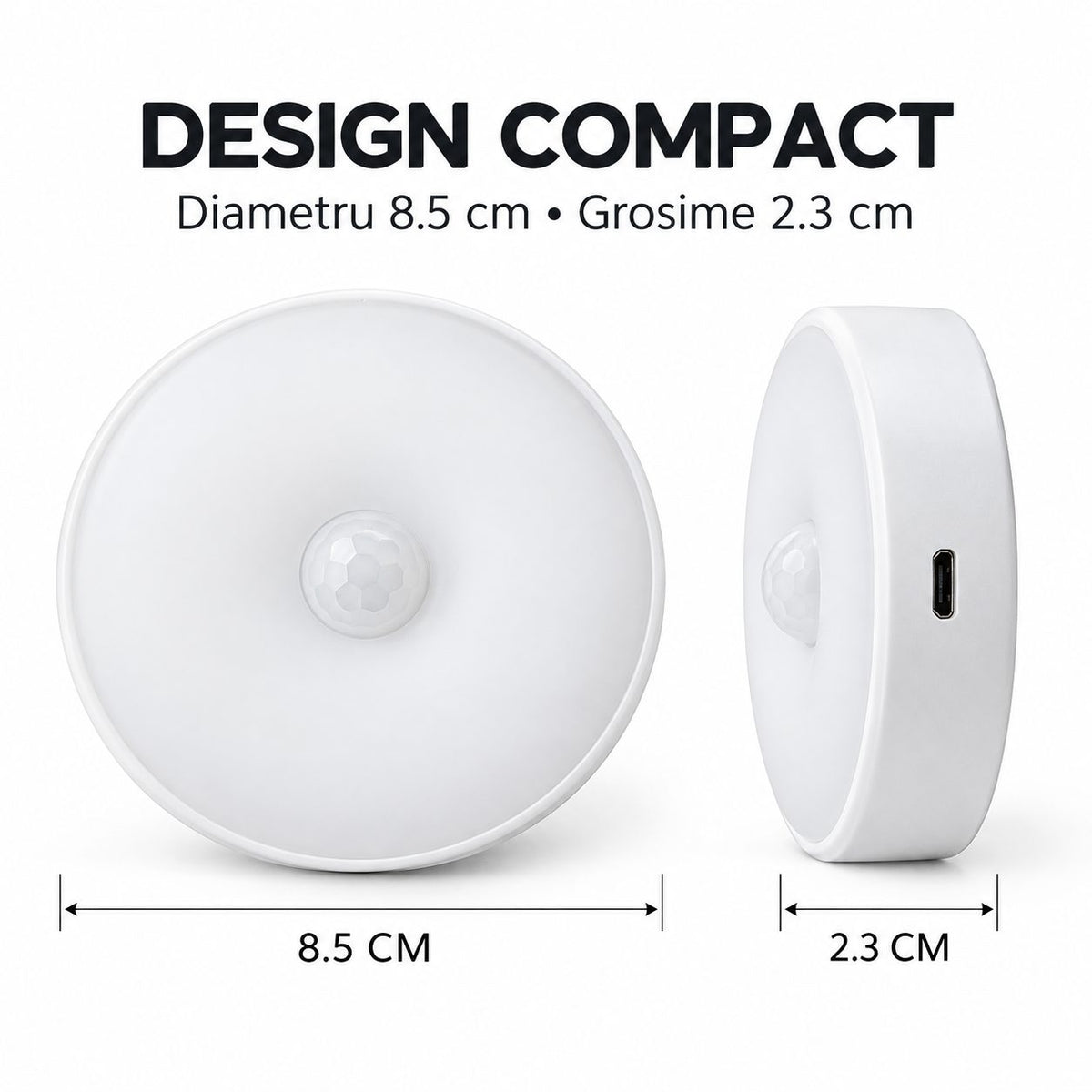 Lampa de Veghe LED, Flippy, cu Senzor de Miscare, 2 Moduri de Iluminare, Lumina Alba Rece, Acumulator 300 mAh, Incarcare USB, 0.6 W, Design Rotund, 8.5 x 2.3 cm, Alb