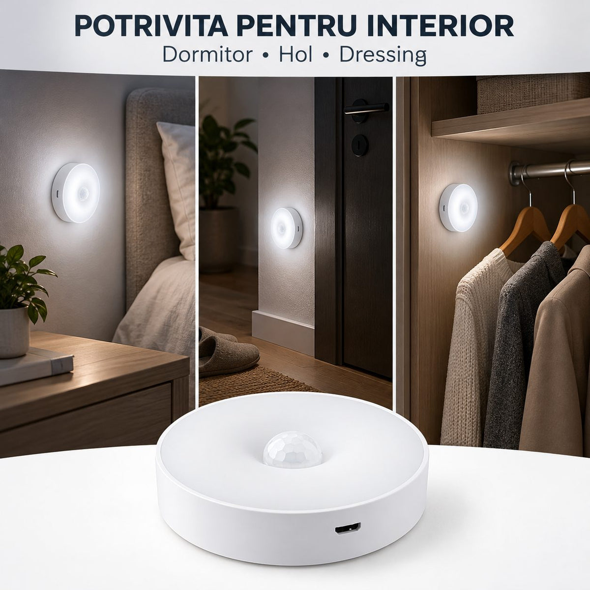 Lampa de Veghe LED, Flippy, cu Senzor de Miscare, 2 Moduri de Iluminare, Lumina Alba Rece, Acumulator 300 mAh, Incarcare USB, 0.6 W, Design Rotund, 8.5 x 2.3 cm, Alb