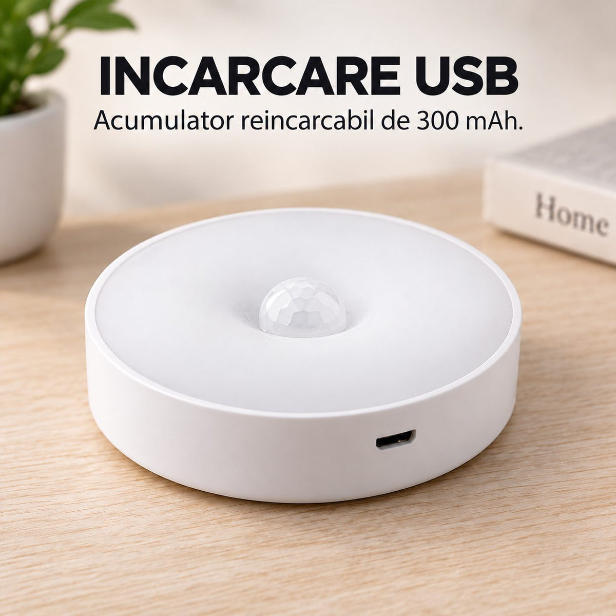 Lampa de Veghe LED, Flippy, cu Senzor de Miscare, 2 Moduri de Iluminare, Lumina Alba Rece, Acumulator 300 mAh, Incarcare USB, 0.6 W, Design Rotund, 8.5 x 2.3 cm, Alb
