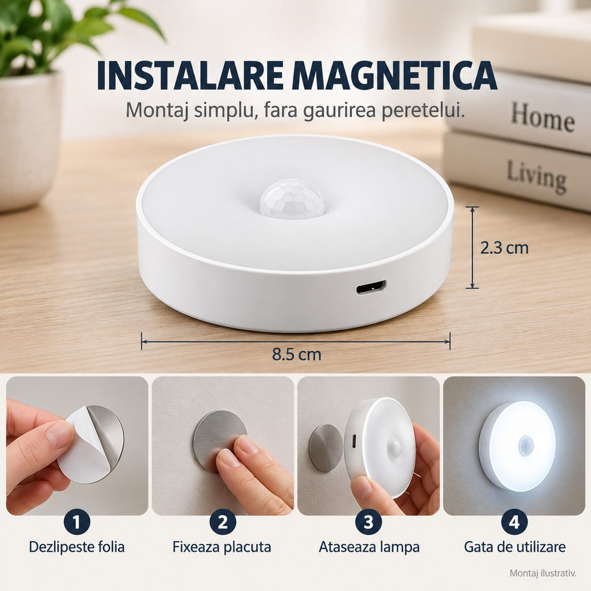 Lampa de Veghe LED, Flippy, cu Senzor de Miscare, 2 Moduri de Iluminare, Lumina Alba Rece, Acumulator 300 mAh, Incarcare USB, 0.6 W, Design Rotund, 8.5 x 2.3 cm, Alb