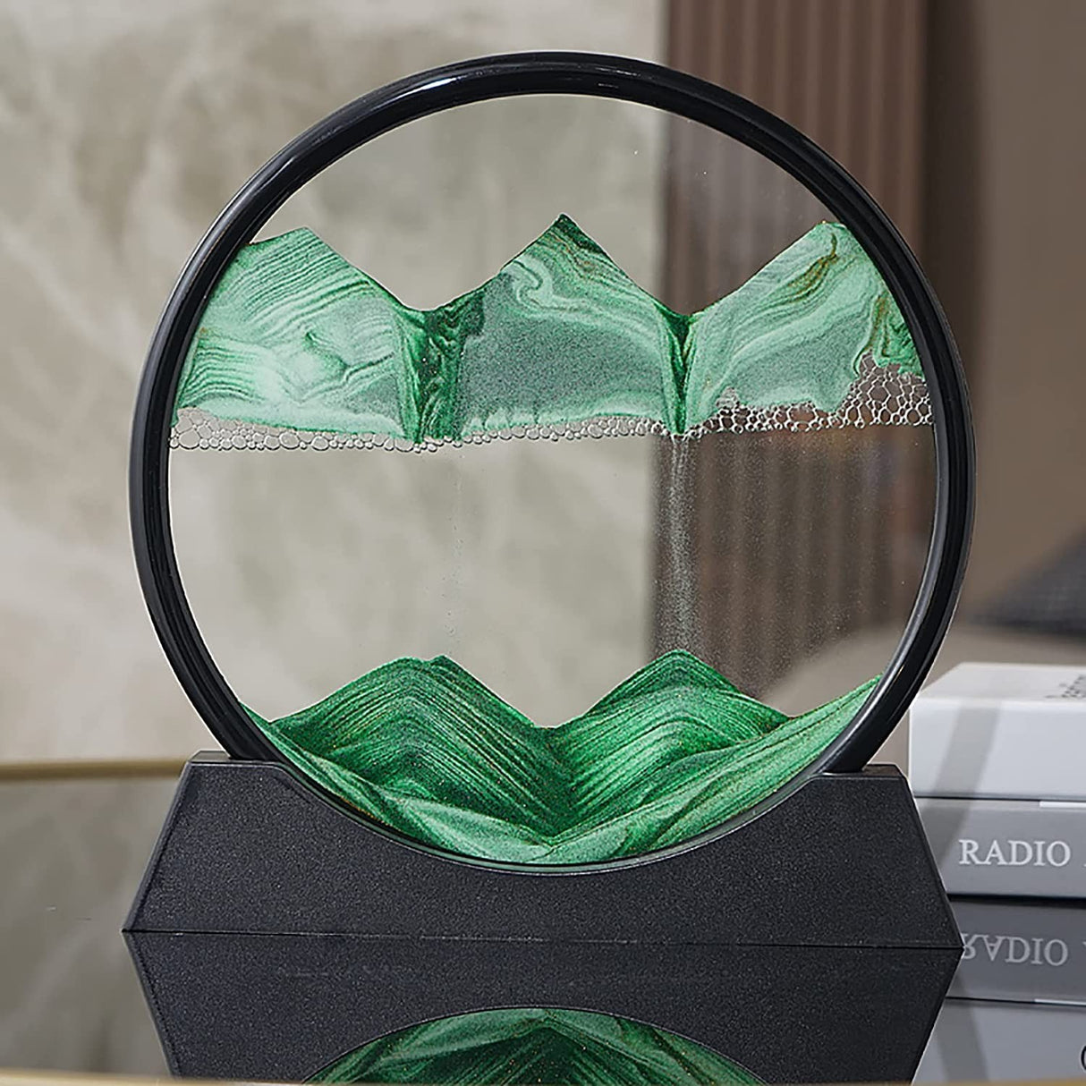 Decoratiune tip clepsidra, Vivimall, imagine 3D dinamica, nisipuri miscatoare, 25x26.5 cm, cadru negru, Verde smarald - vivimall.ro