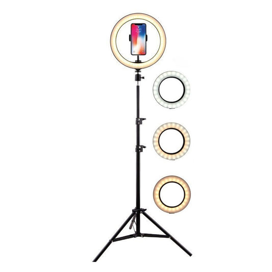 Lampa LED Circulara cu Trepied Metalic Extensibil, Vivimall, Rotativa 360 de Grade, Lungime Extensie 210 cm, Diametru Lampa 26 cm, Conectare USB, Telecomanda, 3 Trepte de Lumina, Negru