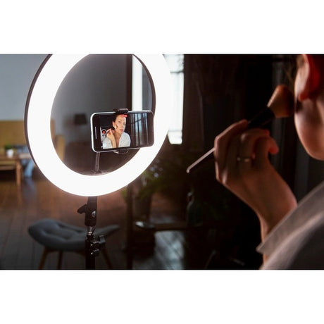 Lampa LED Circulara cu Trepied Metalic Extensibil, Vivimall, Rotativa 360 de Grade, Lungime Extensie 210 cm, Diametru Lampa 26 cm, Conectare USB, Telecomanda, 3 Trepte de Lumina, Negru - vivimall.ro