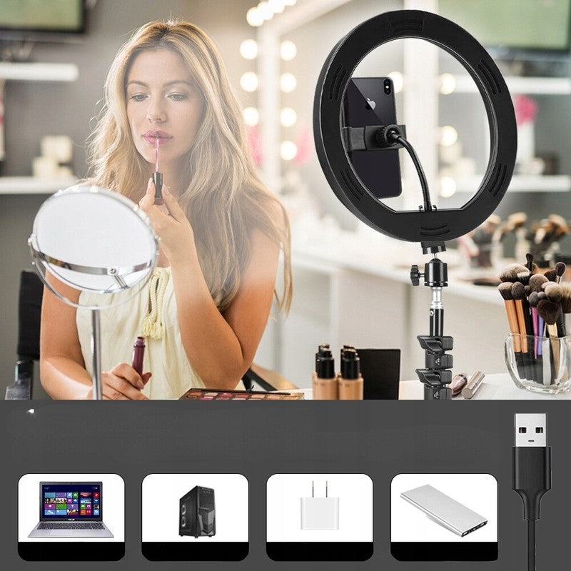 Lampa LED Circulara cu Trepied Metalic Extensibil, Flippy, Rotativa 360 de Grade, Lungime Extensie 210 cm, Diametru Lampa 26 cm, Conectare USB, Telecomanda, 3 Trepte de Lumina, Negru