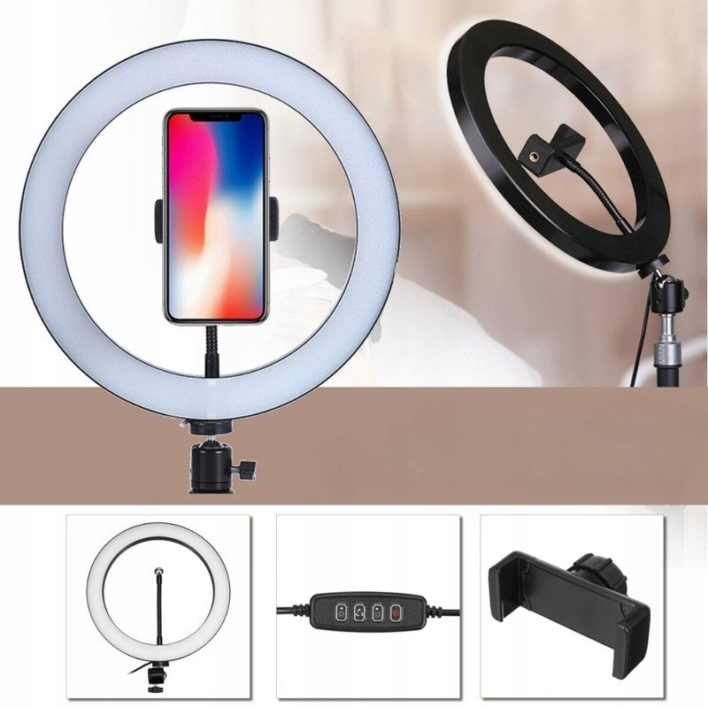 Lampa LED Circulara cu Trepied Metalic Extensibil, Flippy, Rotativa 360 de Grade, Lungime Extensie 210 cm, Diametru Lampa 26 cm, Conectare USB, Telecomanda, 3 Trepte de Lumina, Negru