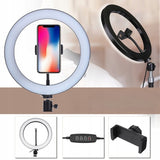 Lampa LED Circulara cu Trepied Metalic Extensibil, Flippy, Rotativa 360 de Grade, Lungime Extensie 210 cm, Diametru Lampa 26 cm, Conectare USB, Telecomanda, 3 Trepte de Lumina, Negru