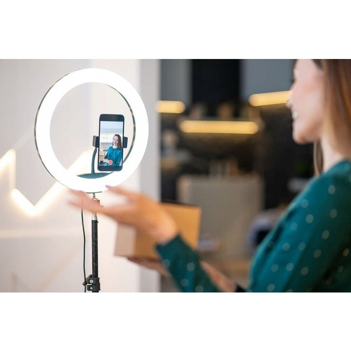 Lampa Led Circulara Cu Trepied Metalic Extensibil, Rotativa 360 De Grade, Lungime Extensie 210 Cm, Diametru Lampa 26 Cm, Conectare Usb, Telecomanda, 3 Trepte De Lumina - vivimall.ro
