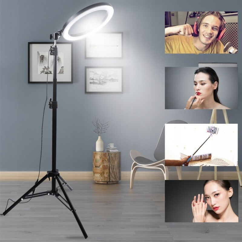 Lampa Led Circulara Cu Trepied Metalic Extensibil, Rotativa 360 De Grade, Lungime Extensie 210 Cm, Diametru Lampa 26 Cm, Conectare Usb, Telecomanda, 3 Trepte De Lumina - vivimall.ro